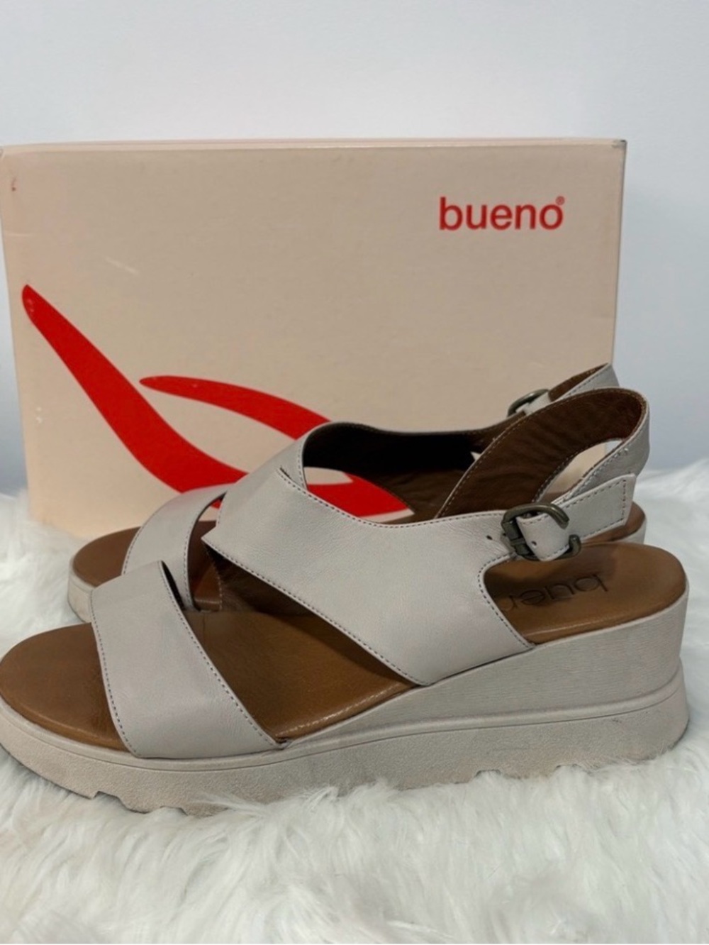 (55)Bueno Gray Leather Slingback Platform Sandals